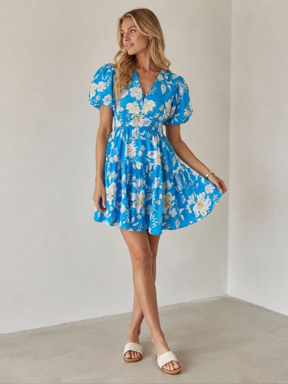 NWT MINKPINK Blue Floral Puff Sleeve Smocked Mini Dress Size Small